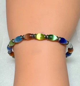 Estate Sterling Silver 925 Multicolor Rainbow Cats Eye Bead Bracelet - Picture 1 of 6