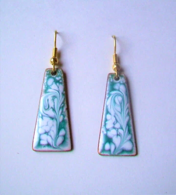  Enamel on Copper Long ABSTRACT DANGLE EARRINGS - TEAL GREEN/WHITE ENAMEL - Image 1 of 2