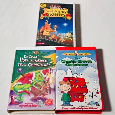 VHS - Lot of 3 Christmas - Charlie Brown - Grinch - Story Keepers - Clamshell Foto 1 de 4
