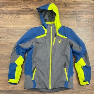Spyder Leader Kids Ski Puffer Jacket - Gray, Blue, and Neon Yellow size 20 - Picture 1 of 14