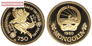 Mongolia International Year of the Child 750 Tugrik Gold Coin 1980 Proof - Picture 1 of 1
