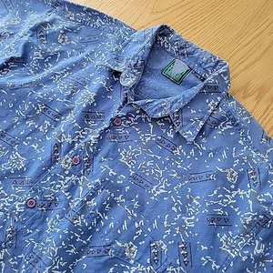 Vintage Shah Safari Shirt Men's Large Abstract Button Up Short Sleeve Blue - Picture 1 of 7