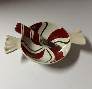 Longaberger Baskets Pottery Peppermint Twist Dip Bowl W/Spreader 5” - Picture 1 of 9
