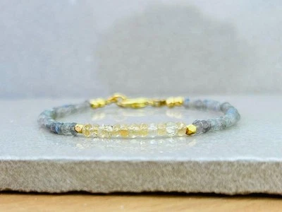 AAA+ Pulsera de 2 cuentas de piedras preciosas rondelle multifacéticas de citrino y labradorita 6-8" Foto 1 de 4