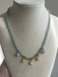 Sweet Fun Blue Faceted Acrylic Bead Dangle Flower Necklace Collar 17” - Picture 1 of 4