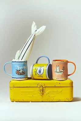 Anthropologie Original Tinned Fish Mugs- SET OF 3 -Yellow, Blue, & Coral - Image 1 of 4