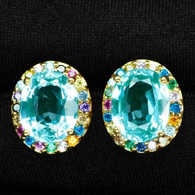 Bluish Green Paraiba Tourmaline 8.15Ct 925 Sterling Silver 24K Gold Earrings - Image 1 of 4