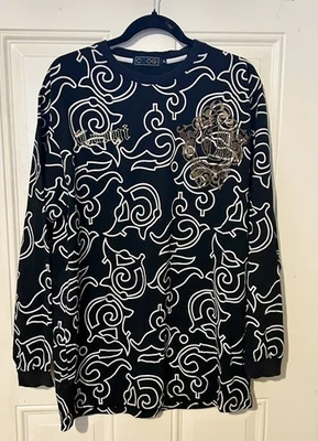 Camiseta Y2K Vintage Coogi Manga Larga Negra Patrón Remolino Blanco Bordado Dorado Foto 1 de 4