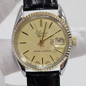 Vintage Men's Classic Electra Date Dress Wrist Watch Two Tone Fluted Bezel Runs - Picture 1 of 12
