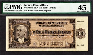 Turkey 100 Lira President Ismet Inonu 1930 ND (1942) P-144a Extra Fine PMG 45 - Picture 1 of 2