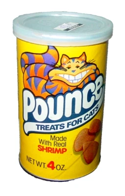 Contenedor de golosinas vintage Pounce Smiling Cheshire Cat sabor camarones 1992 comida para mascotas Foto 1 de 4