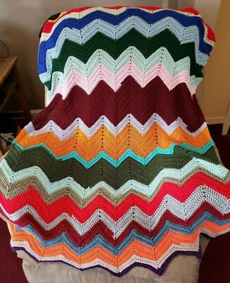 Crochet Afghan Multi Colored Chevron 54" x 42" Hand Made Rainbow Zig Zag Blanket - Image 1 of 4