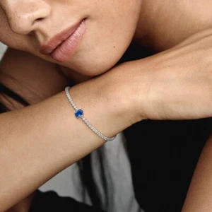 Pandora| Sparkling Pavé Tennis Bracelet| 18| Silver With Blue Stone. - Picture 1 of 3