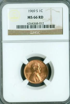1969 S LINCOLN CENT NGC MS66 RED BRILLIANT 2ND FINEST  * - Image 1 of 4