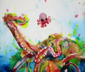 PÓSTER PULPO Y BEBÉ Pulpo Acuarela Retrato - ¡Varios tamaños! impresión pintura - Imagen 1 de 7