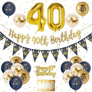40th Birthday Decorations - Banner & Balloons - Navy Blue Gold Party Supplies - Picture 1 of 8