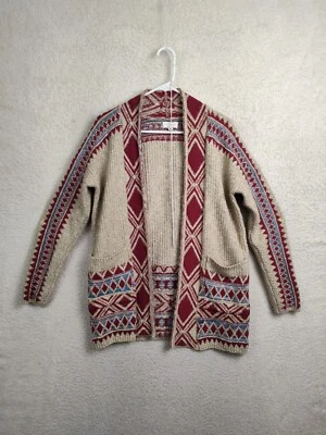 Lucky Brand Women Sweater Medium Beige Southerwestern Aztec Cotton Open Cardigan - Image 1 of 4