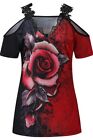 Womens Casual Rose Printed Tops V Neck Off Shoulder Short Sleeve T Shirt Blouse