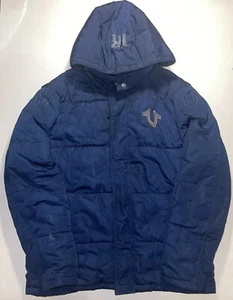 True Religion Hooded Puffer Jacket Coat Mens L Large Navy Dark Blue Horseshoe - Picture 1 of 16