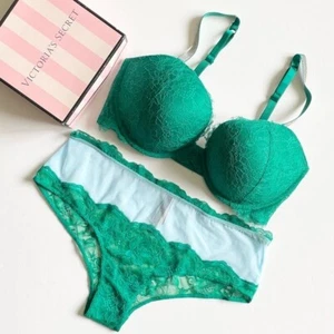 38DD XXL Victoria’s Secret lace green bling shine pushup bra set cheeky panties - Picture 1 of 7