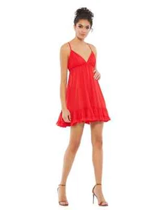 Ieena Mac Duggal Red V-Neck Spaghetti Strap A-Line Mini Dress Size 0 $238 - Picture 1 of 3