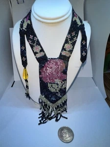 Art Deco Woven Fringe Blue Pink ROSE Design Necklace Sautoir Flapper 30” AS IS - Picture 1 of 13