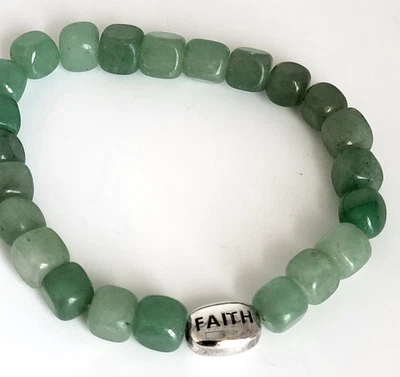 Green Aventurine Stretch Bracelet Faith Charm 925 Stamp Unsigned 7mm Stones - Image 1 of 4