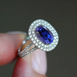 Alianza de oro blanco sólido de 14 k con zafiro natural y diamantes de corte ovalado de 2,72 quilates - Imagen 1 de 10