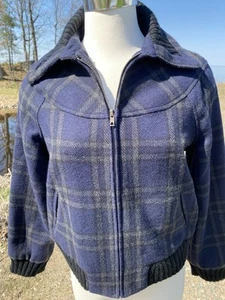 Womens Relativity Blue Grey Plaid Bomber Jacket Zipper Pockets Wool Size Small - Picture 1 of 15