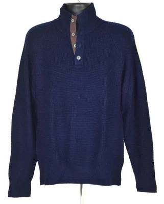 NUEVO CON ETIQUETAS Bloomingdales Lana y Cachemira con Cuero Azul Marino Más Grueso Estilo Henley SUÉTER L Foto 1 de 4