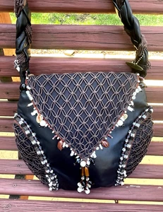 NWOT Mary Frances Black Hobo Shoulder Bag with Beads, Macrame and Braided Strap - Picture 1 of 11