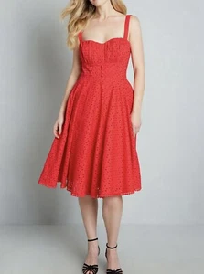 ModCloth + Timeless London Red Coral Dress Anglaise For Days Fit Flare Dress 18 - Picture 1 of 5