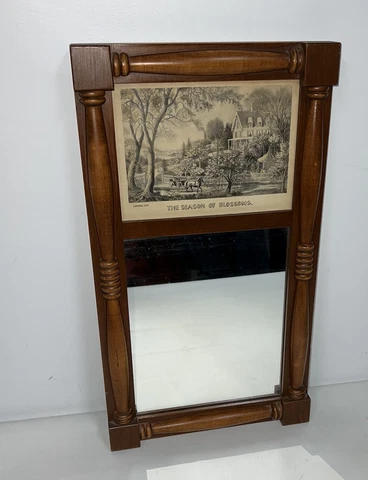 Vtg Style Federal Split Column Mirror Courier And Ives Print Woodcroftery Cherry Cover