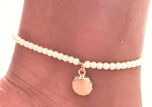 Glass Pearl Bead  elastic ankle bracelet foot anklet with shell charm 25cm - Picture 1 of 1