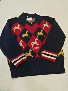 Gucci kids red blue argyle horse long sleeve polo wool sweater size 5 - Picture 1 of 12