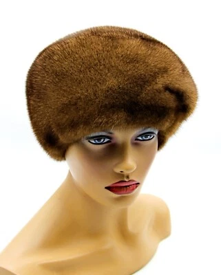 Woman's Fur Winter Hat Mink Warm Style Real Beret Fashionable Brown Pastel - Image 1 of 4