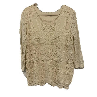Blusa Artística TravelSmith Top Mujer Mediana Marfil Crochet Superposición Boho Elastizada Foto 1 de 4