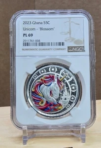 2023 GHANA - 5 CEDIS - UNICORN - " BLOSSOM " - NGC PL69 - MULTI COLORED COIN - Picture 1 of 9