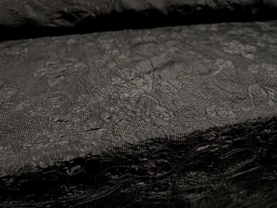 Taft Kunstseide Stoff, Meterware - Blumenstickerei - schwarz auf schwarz - Bild 1 von 3