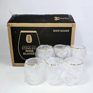 Paquete de 24 copas de vino sin tallo Munfix borde dorado desechables de plástico transparente 12 oz. Nuevo - Imagen 1 de 7