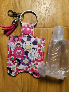 Handmade Hand Sanitation Holder w/ Bottle Key Chain Ring Fob Happy Hippy Flowers - Picture 1 of 3