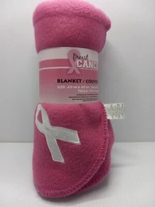 Breast Cancer Awareness Poly Fleece Blanket Pink Ribbon Lap Throw 40" x 40" NEW - Picture 1 of 18
