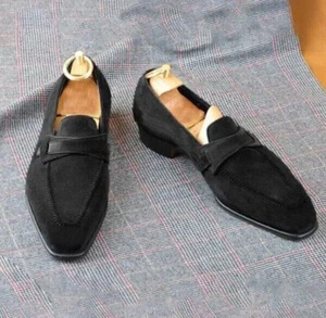 Handmade Genuine Black Pure Suede Moccasin Slip On Loafer Formal Shoes - Picture 1 of 8