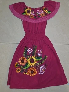 Authentic Artisan Handmade Mexican Dress Floral Embroidered Pink Girl Size Small - Picture 1 of 2