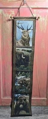 Wildlife Tapestry Wall Vertical Hanging Dowel 8" x 41" Bear Moose Deer Buffalo  - Image 1 of 4