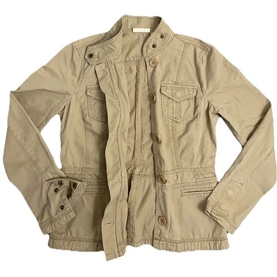 Jaqueta utilitária de sarja Y2K DKNY JEANS tamanho M cáqui ajustada botão para cima logotipo bordado - Imagem 1 de 4