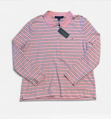 NUEVO CON ETIQUETAS Tommy Hilfiger Rosa Blanco Rayas Polo Manga Larga Camisa Niños XL Foto 1 de 2