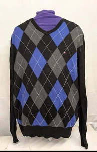 Tommy Hilfiger Mens Small V Neck Pullover Sweater Argyle Pattern Black Blue Grey - Picture 1 of 9