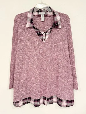 Catherines Women's Sweater Plus Sz 3X Plum Ribbed Knit Plaid Lined Shirt Layered - Image 1 of 4