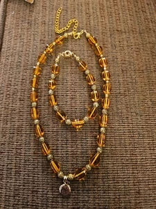 Amber Color Glass Beads Necklace With Locket & Bracelet - Picture 1 of 6